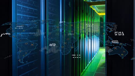 animación del mapa del mundo contra la sala del servidor de la computadora