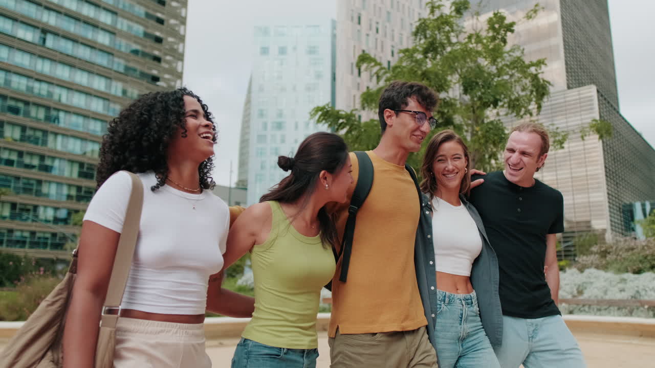 Side view of diverse group of interracial students walking, friendship and