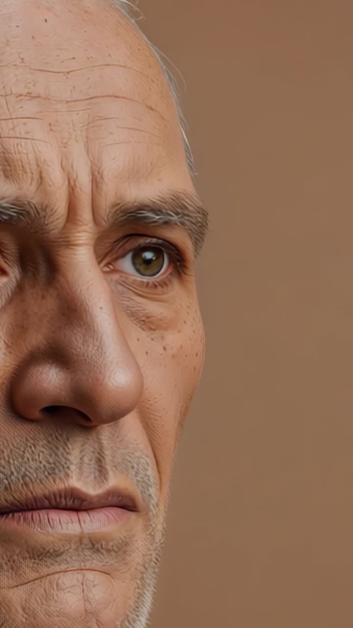 Video verticale: obiettivo della fotocamera che cattura il volto di un uomo anziano su uno sfondo beige, mostrando un cambiamento di pensiero
