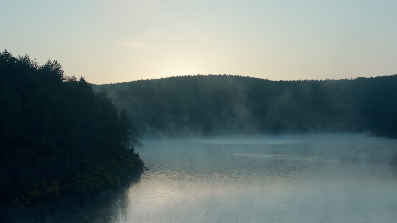 High quality video shows a calm morning lake wrapped in soft mist with gentle sunlight rising behind a dark forest line creating a serene and atmospheric nature moment