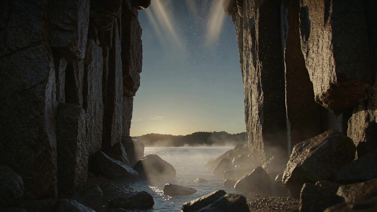 La telecamera avanza rivelando pareti rocciose colonnari che incorniciano il sole basso e i raggi solari, svelando un paesaggio marino