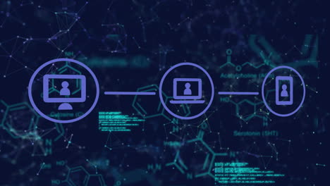 animazione di icone collegate su strutture molecolari, linguaggio informatico e punti collegati