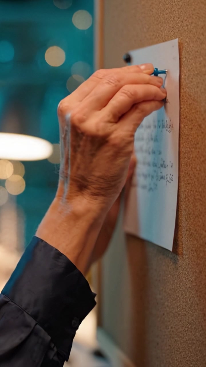 A Hand Attaches a Note to a Corkboard in a Softly Lit Environment, Creating an Atmosphere of Creativity and Organization Amid a Background of Blurred Lights