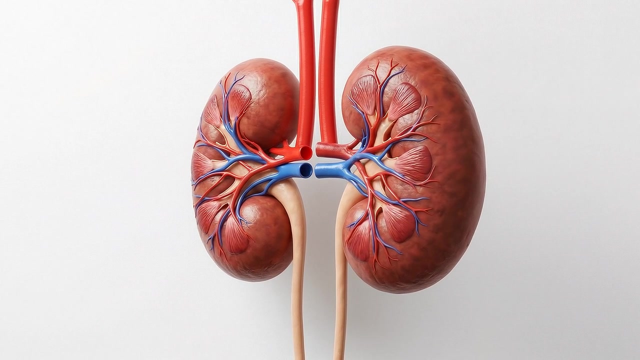 Realistic paired kidneys anatomy isolated with connecting blood vessels