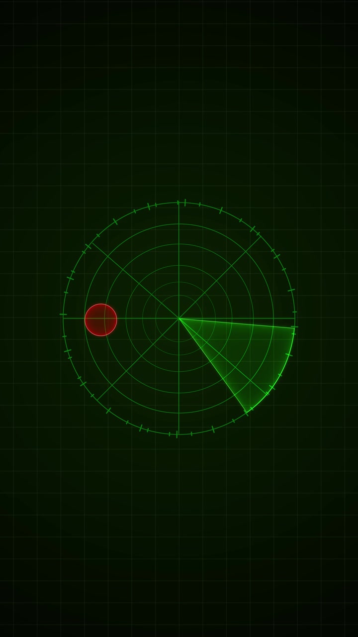 Display di scansione radar verde tattico con anelli circolari luminosi, segni di griglia e segnale di tracciamento digitale