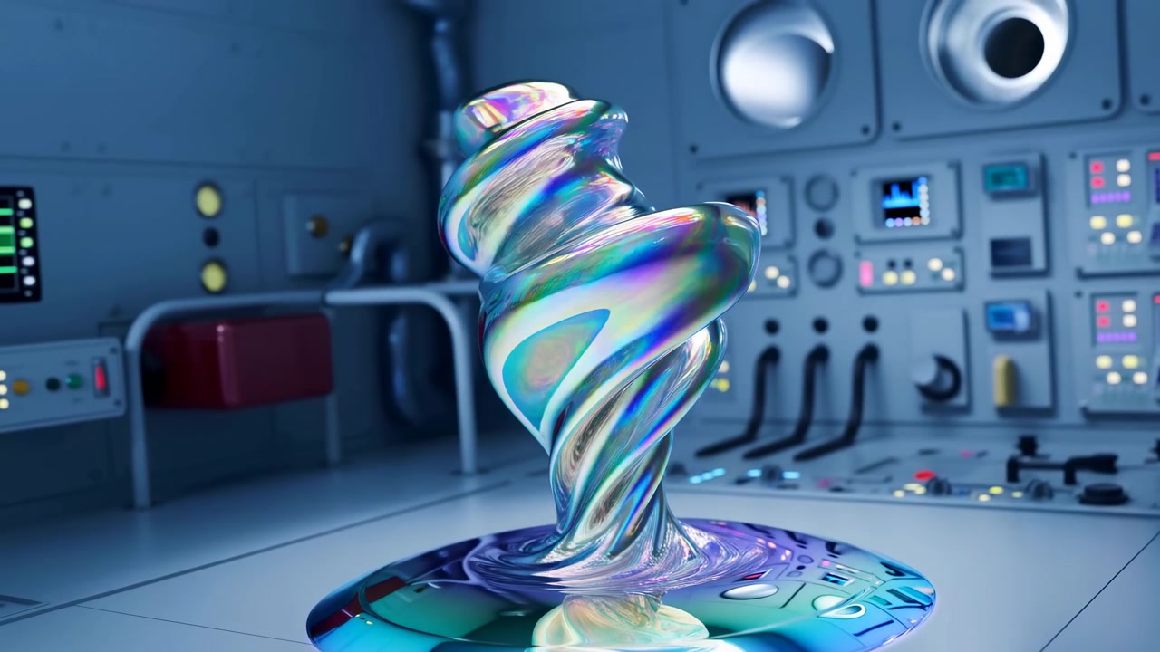 Alta colonna liquida iridescente che si innalza in una cima a spirale contorta su un pavimento lucido di laboratorio, incorniciata da pannelli di strumenti sfocati, un bagliore blu freddo, superfici riflettenti e un'atmosfera industriale futuristica.