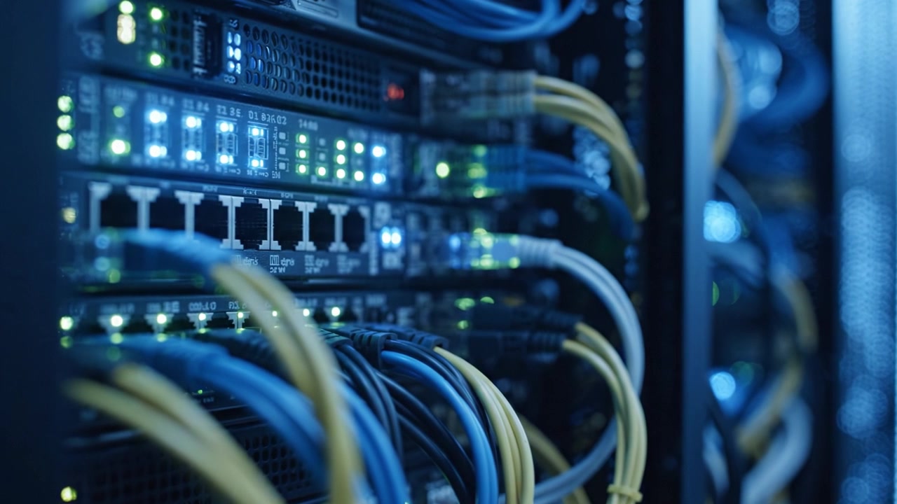 L'esplorazione della complessa connettività dei server di rete: un primo piano di cavi e indicatori LED nell'infrastruttura server.