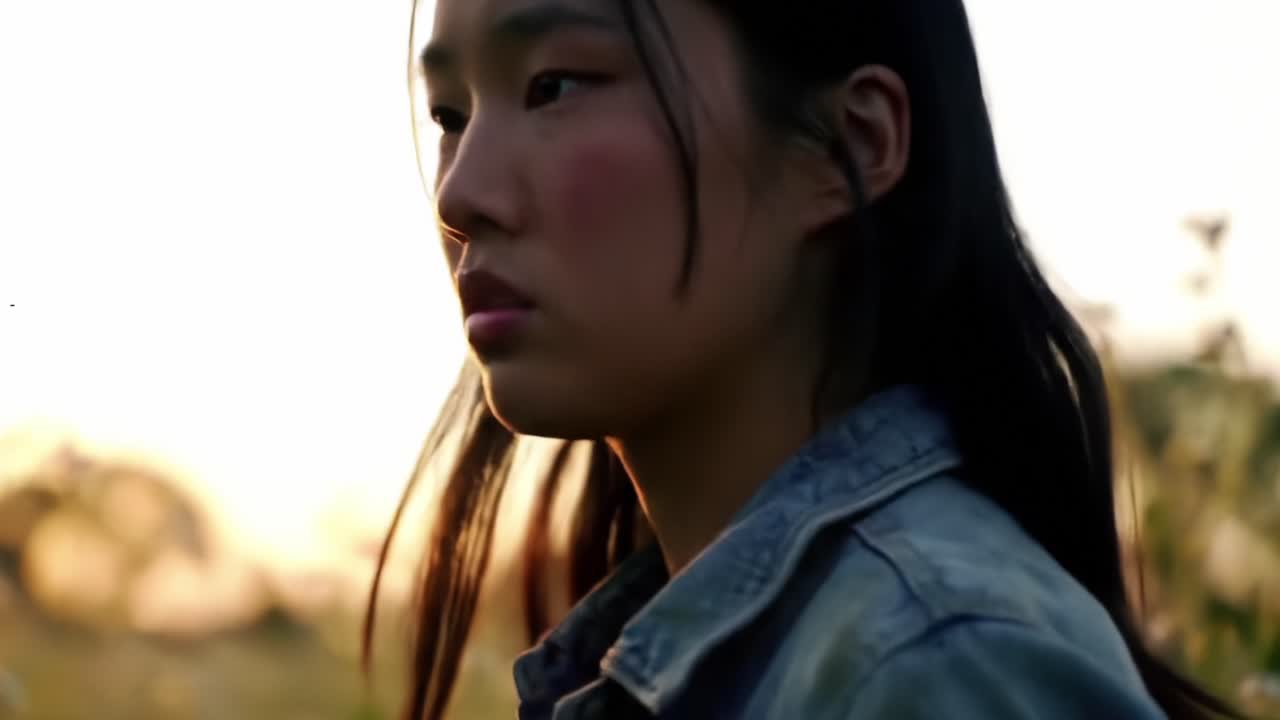 A Thoughtful Moment: Capturing the Contemplative Expression of a Young Woman Surrounded by Nature's Beauty at Sunset