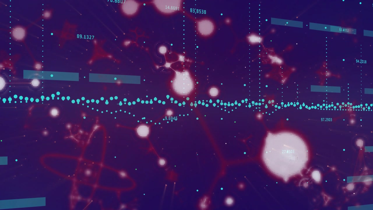 Purple network pulsating causing teal bars sliding nodes drifting dot stream showing data changes