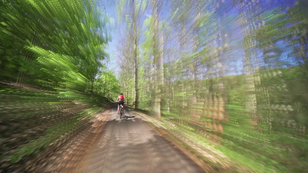 The back view of the female cyclist riding a bicycle on an asphalt road in the Divoka Sarka natural park in Prague on a summer day