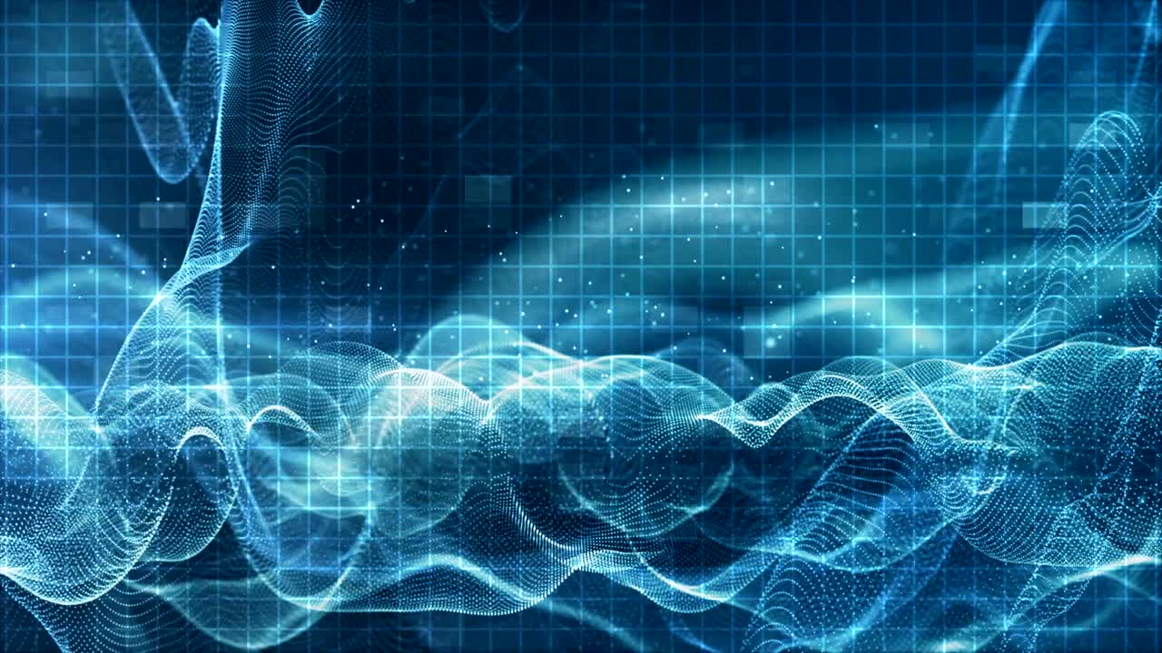 Abstract digital sparkling blue particles wave flow and dust for motion background