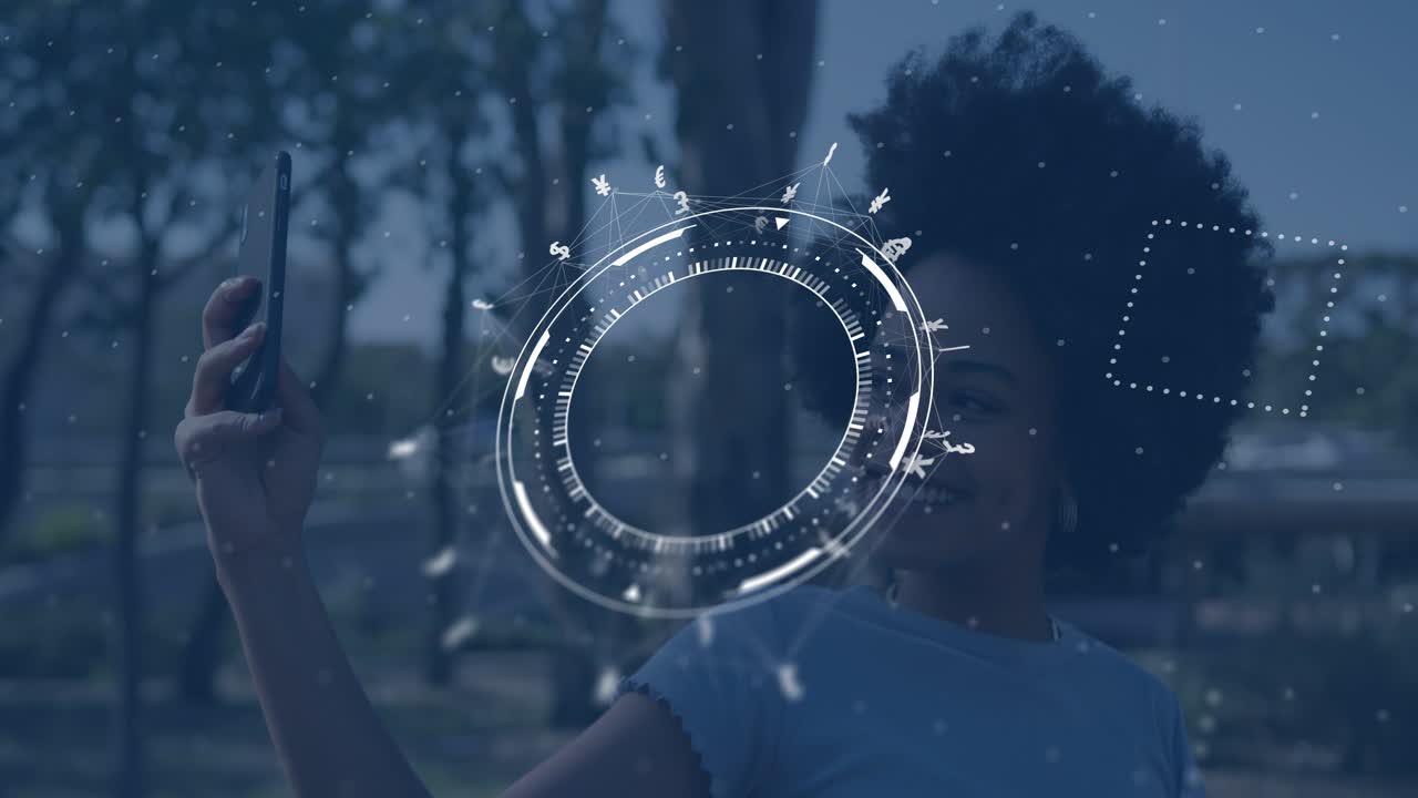 Woman raising phone, showing circular AR cart HUD, rotating price symbols and centering on torso