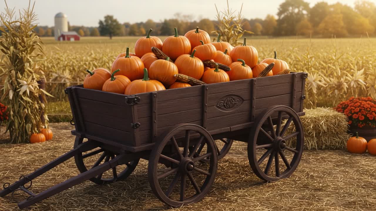 A Rustic Harvest Scene Featuring a Wooden Cart Overflowing with Fresh, Vibrant Pumpkins Set Against a Picturesque Autumn Landscape with Cornfields