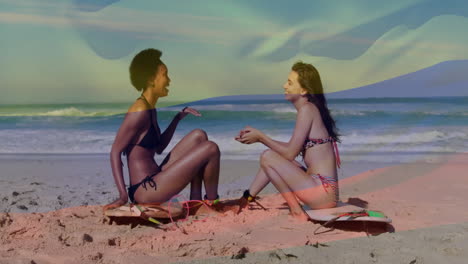 on beach, women in swimsuits sitting and talking, animation of sunny day