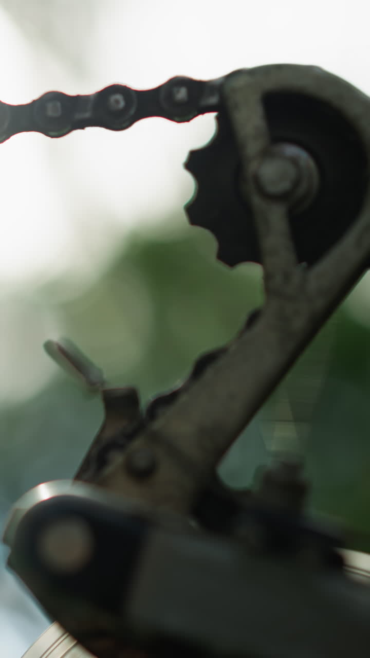 primer plano de la rueda trasera de la bicicleta y el sistema de engranajes mientras la cadena gira brevemente, con la luz del sol reflejándose en la cadena y la rueda dentada, el fondo presenta un árbol suave y borroso