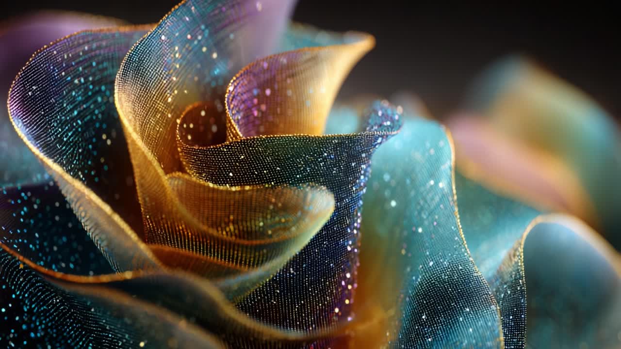 A Stunning Macro View of a Colorful Textile Flower Showcasing Intricate Patterns of Shimmering Fabric with a Blend of Vibrant Hues and Delicate Sparkles Enveloping Its Form