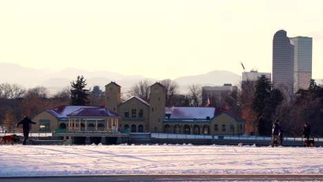 People-walking-their-dogs-in-the-park-against-a-background-of-Denver-skyline-and-mountains