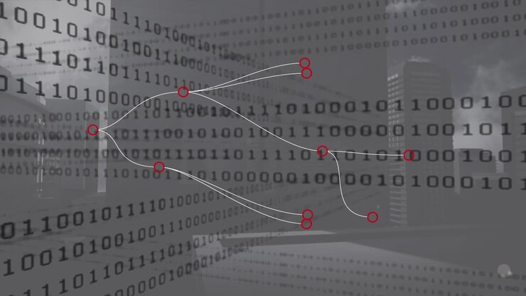 Animazione di connessioni e codice binario su edifici.