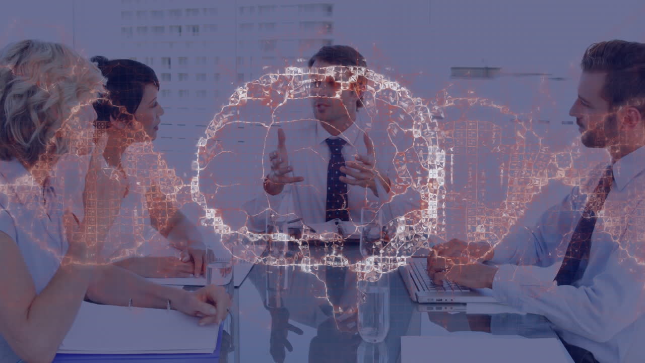 animación del cerebro humano y el adn moviéndose sobre colegas multirraciales discutiendo en la sala de juntas