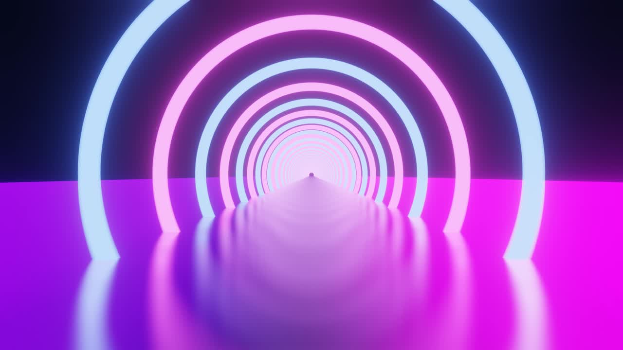 rendering 3d de anillo de neón brillante y fondo azul púrpura oscuro. zoom de luz de alta velocidad cibernético. círculos muestran moda. haz de telón de fondo. luz abstracta noche rápida con concepto de nave espacial