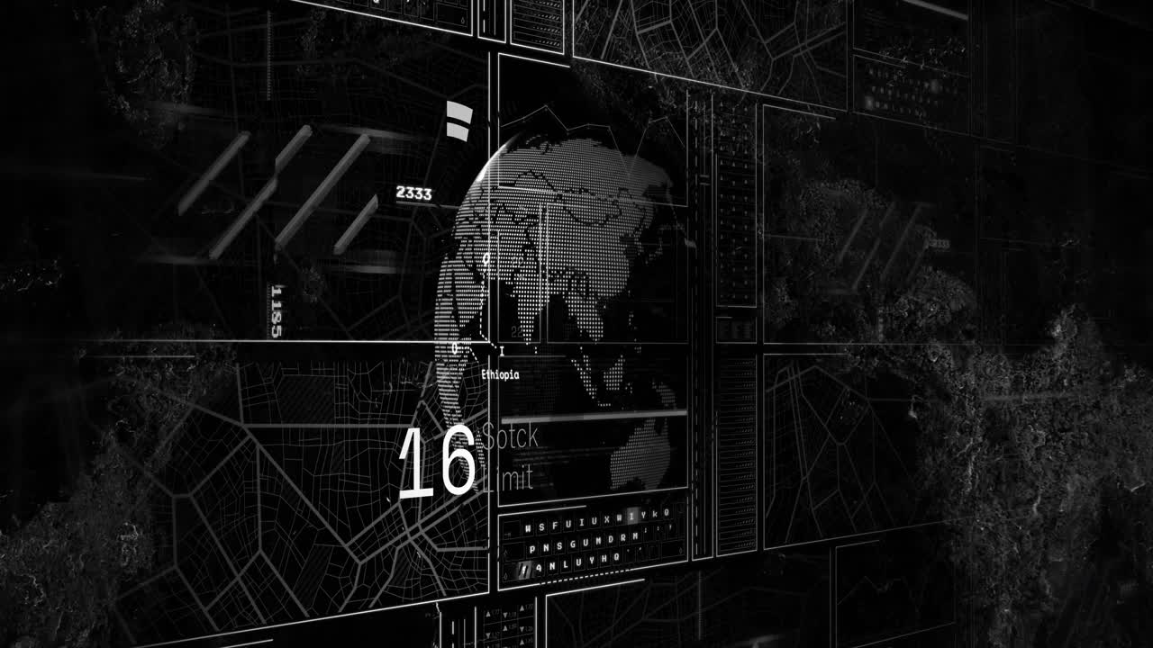 Data feed starting 3D globe rotating, numbers rising then falling, ring sweeping to show metrics