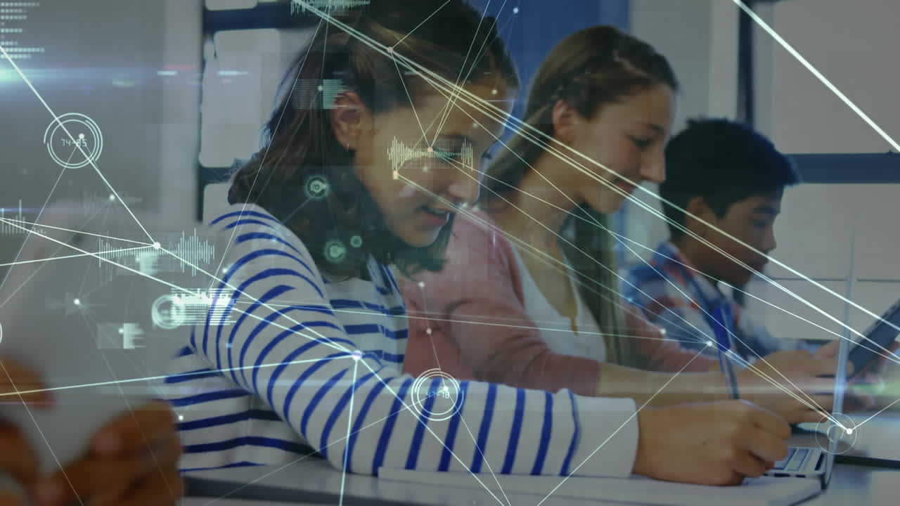 animación de la red de conexiones con iconos sobre los estudiantes en la escuela