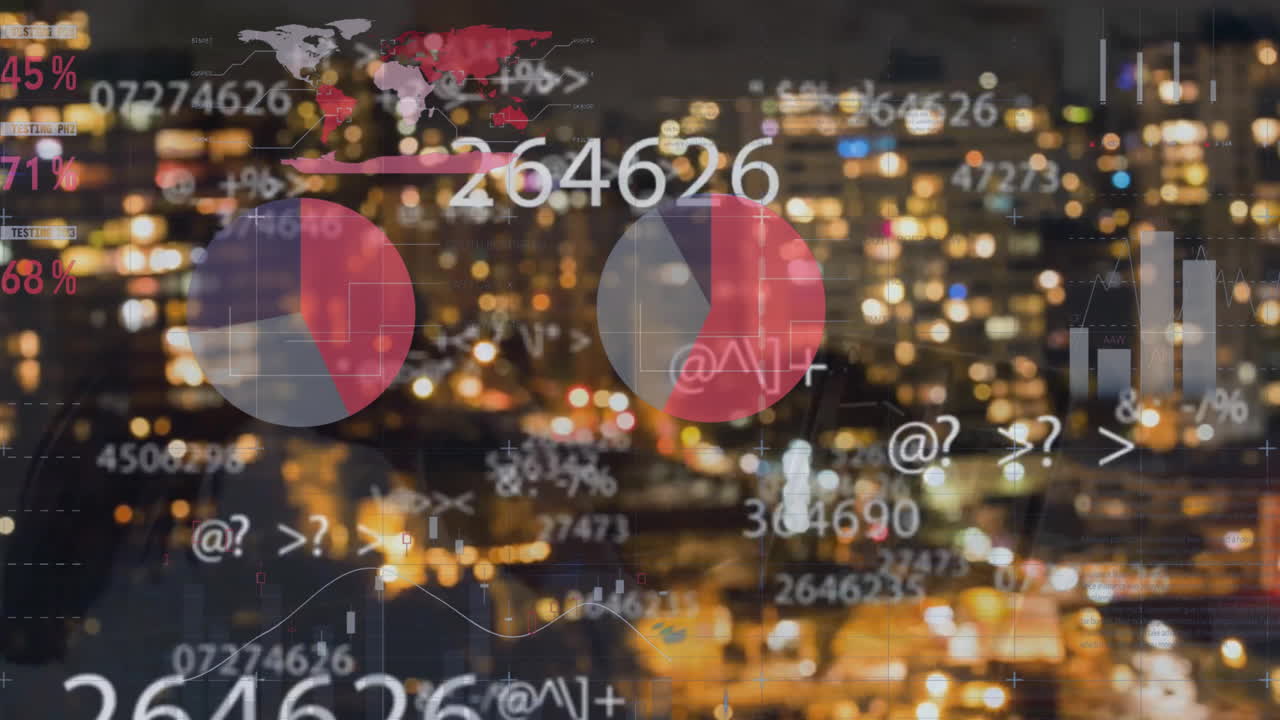 도시 풍경 위의 금융 데이터 처리 애니메이션