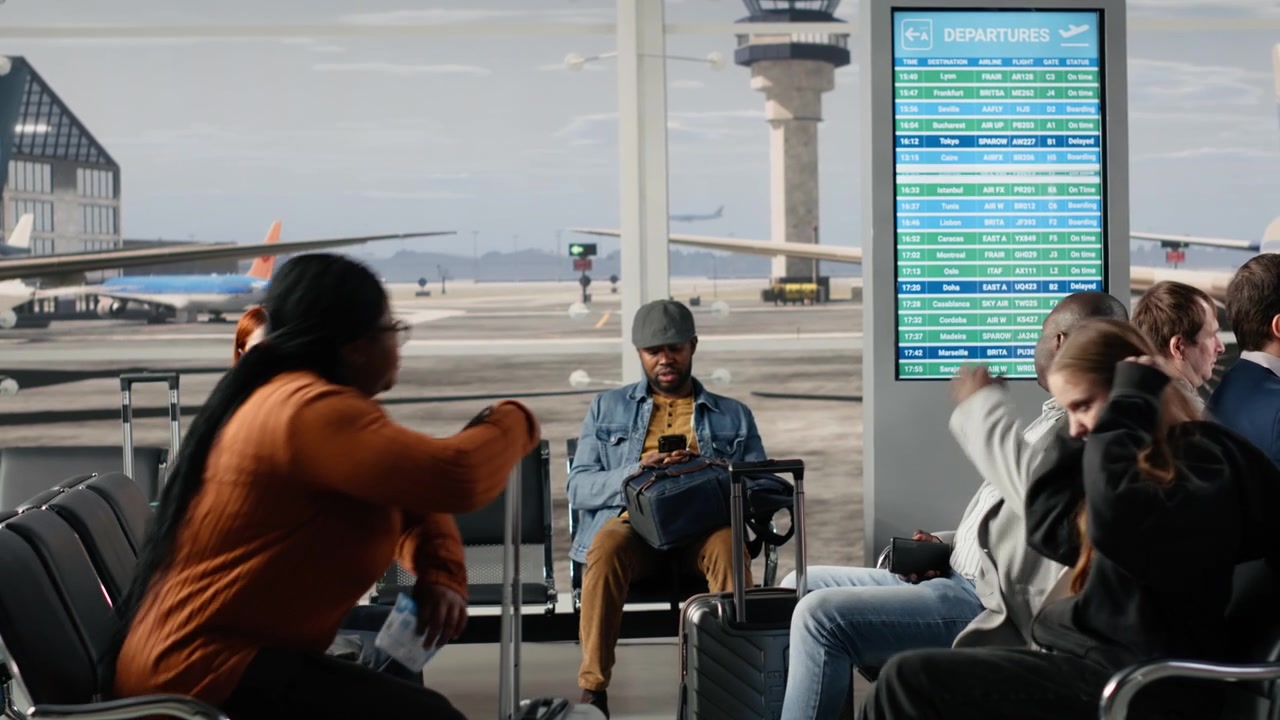 Kerumunan orang berjalan melalui lounge bandara yang ramai, duduk di kursi.