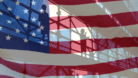 animation of architects on scaffolding and american flag