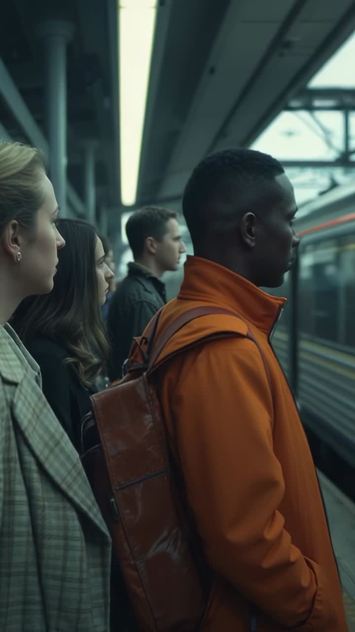 Vertical video: Four commuters on platform watching train arriving, holding backpacks under lights