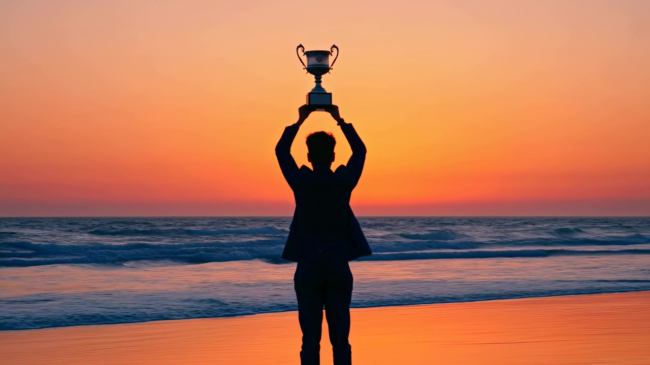 Silueta osoby stojí na mokrém písčitém pobřeží, drží zdobený trofejní pohár nad hlavou oběma rukama, s pažemi nataženými nad hlavou v odvážné vítězné póze pod zářící oblohou při západu slunce a klidným mořem.