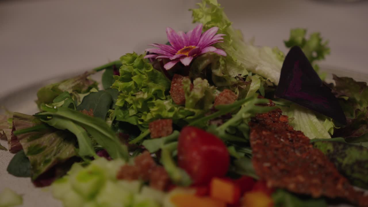 Garnished salad fine dining, roasted avocado recipe, fresh healthy food