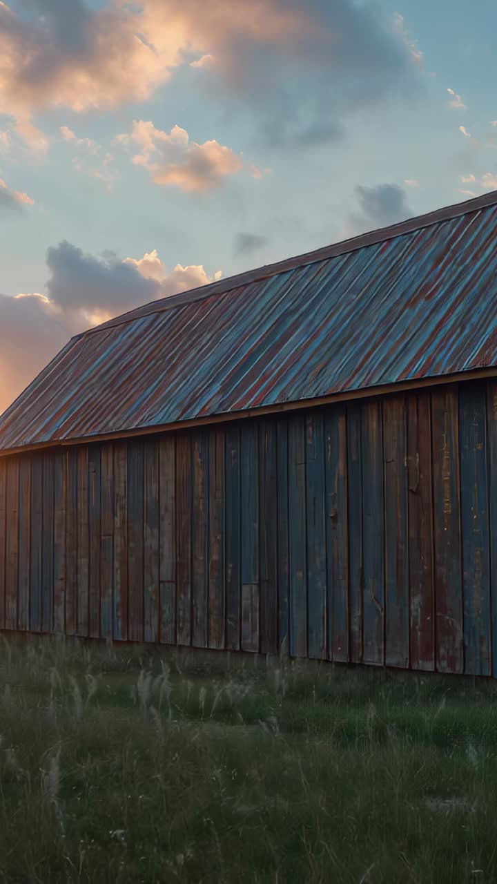 Vertical video: Shifting sunlight nearing horizon bathing wooden barn in grassy field, showing rust