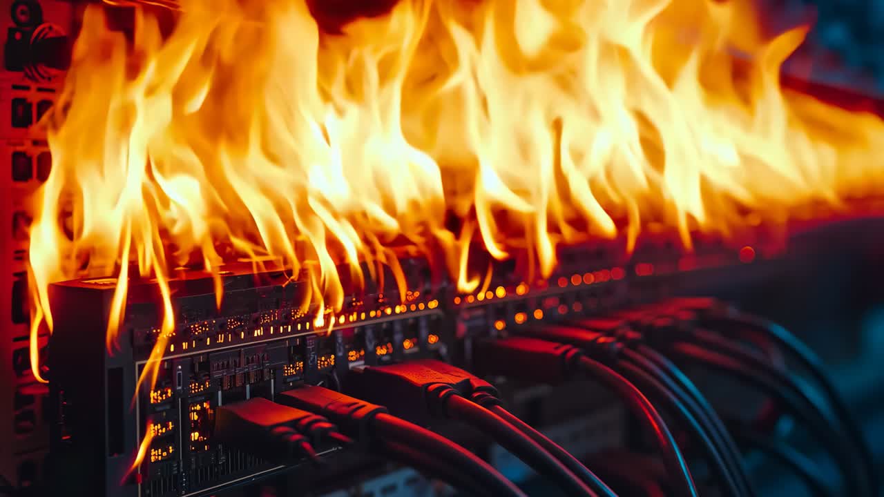 서버 방에서 불타고 있는 전선 한 어리