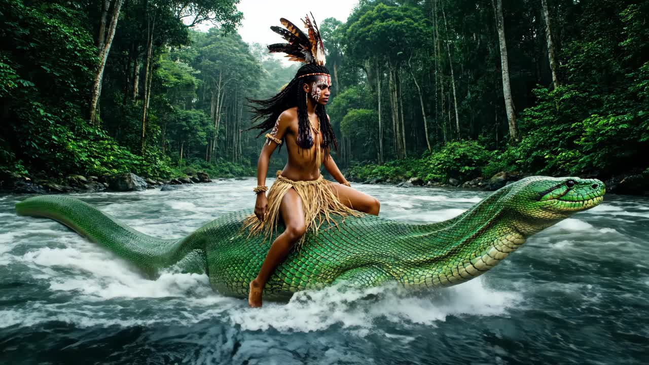 Indigenous Woman Riding a Giant Snake Through the Jungle River