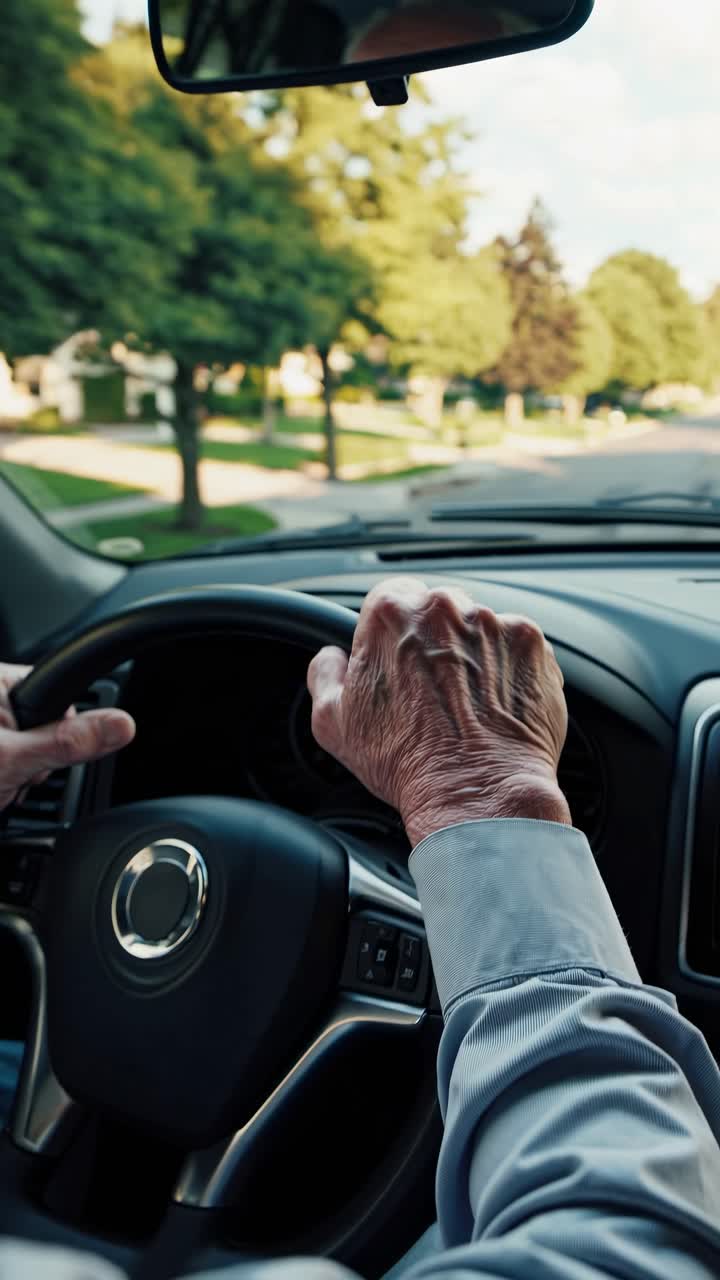 POV video shot from the backseat, capturing an elderly man driving through a suburban neighborhood