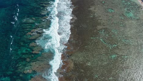 coral reefs and ocean waves, birdseye aerial view of tonga island coastline, polynesia