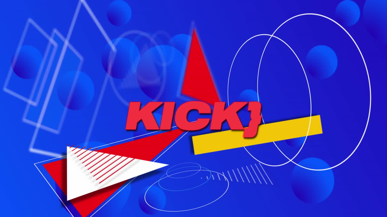 animación de texto de patada y forma geométrica sobre círculos contra fondo azul