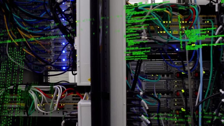 Animation af databehandling over nærbillede af computerserver