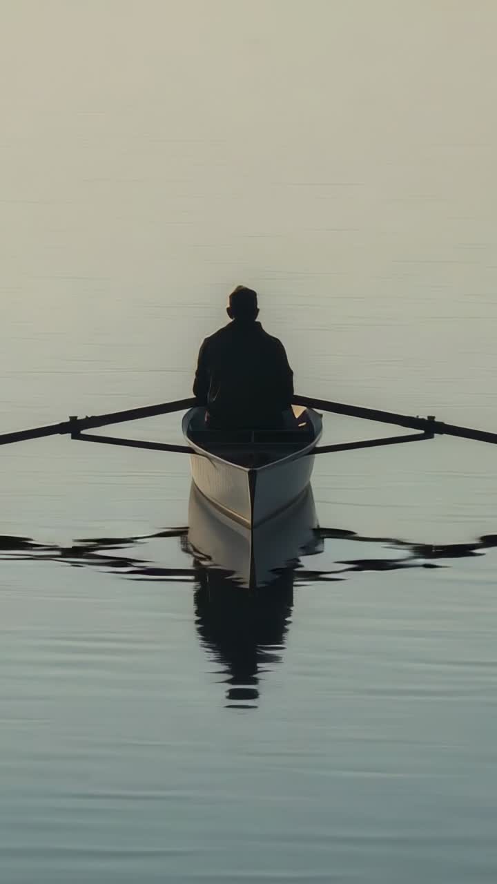 Vertical video: Rowing man at dawn, propelling scull with oars and ripples, in dark jacket and cap
