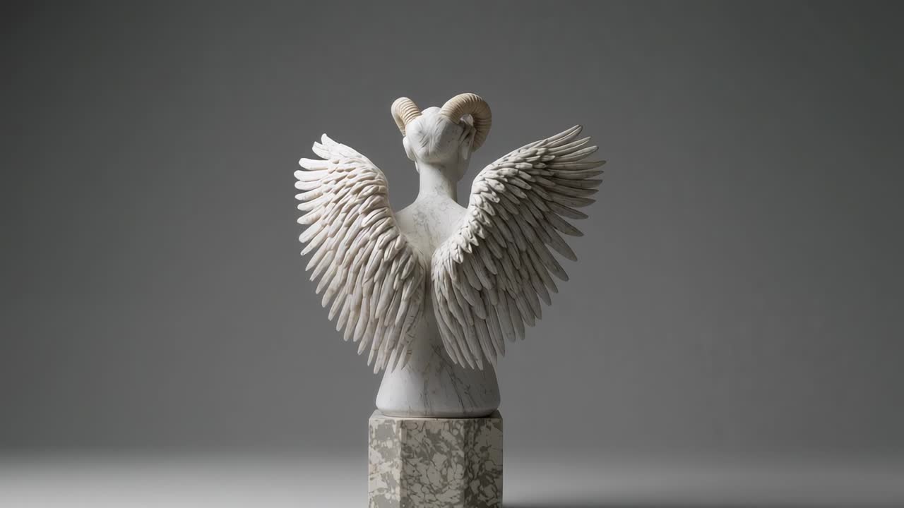 After frontal view, white marble sculpture rotating on square pedestal showing ram horns and wings