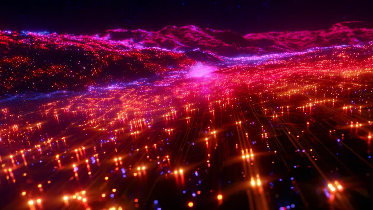 A stunning representation of a vibrant, glowing landscape filled with radiant lights and dynamic colors, capturing the essence of a digital world through visual abstraction and mesmerizing illumination