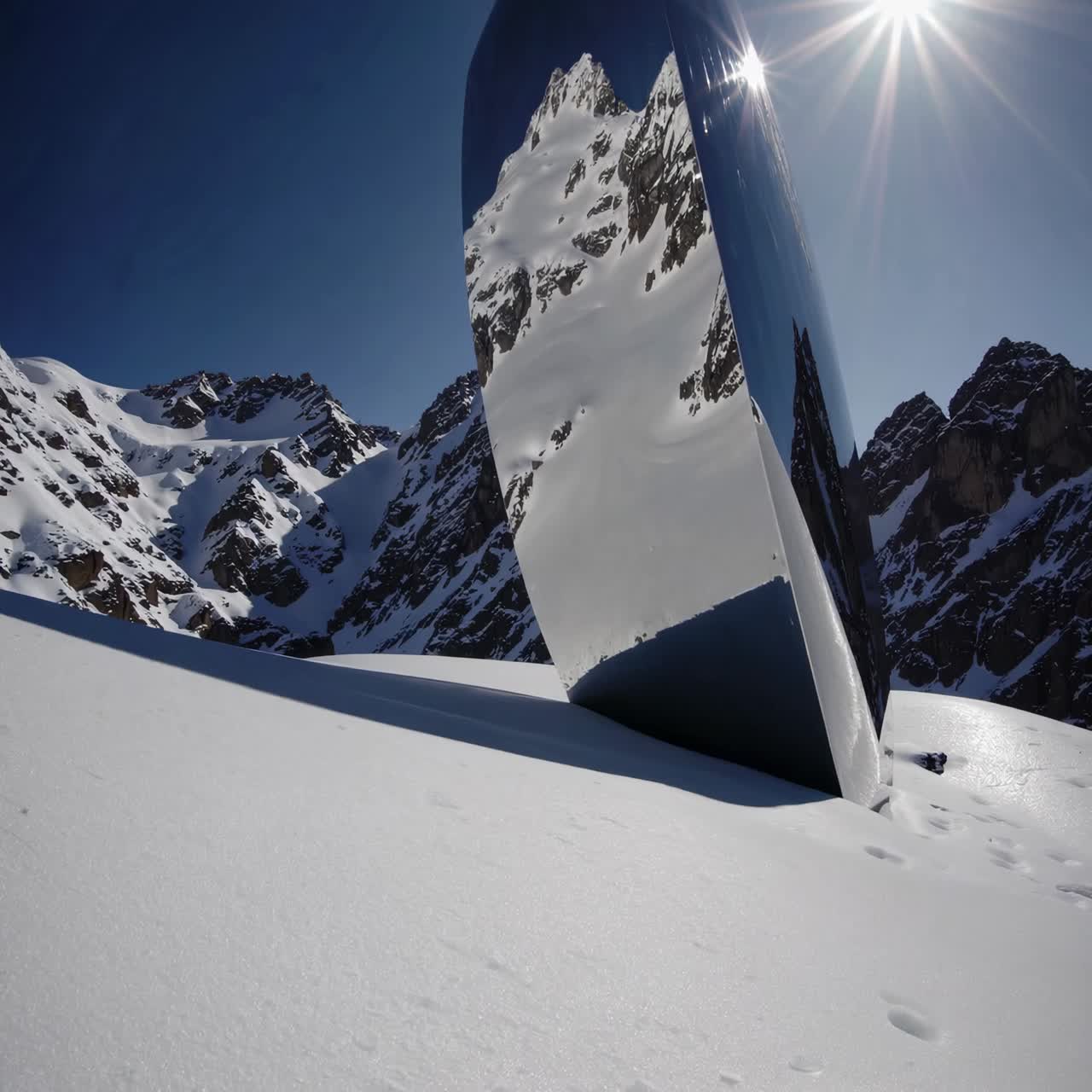 A low-angle shot of a reflective monolith in snowy mountains, capturing the sun's rays