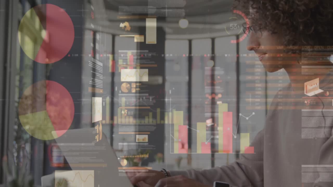 Animation of statistics and data processing over man using laptop