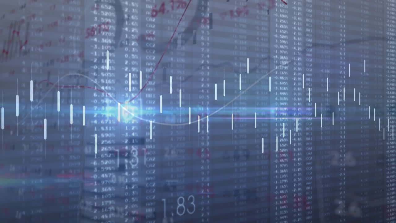 displaying white candlestick bars and glowing line graph over blurred data columns in 3D render