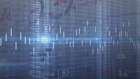 displaying white candlestick bars and glowing line graph over blurred data columns in 3d render