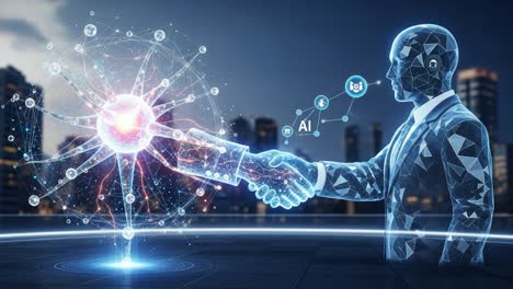 the future of collaboration: a digital representation of ai and human partnership in a futuristic urban landscape