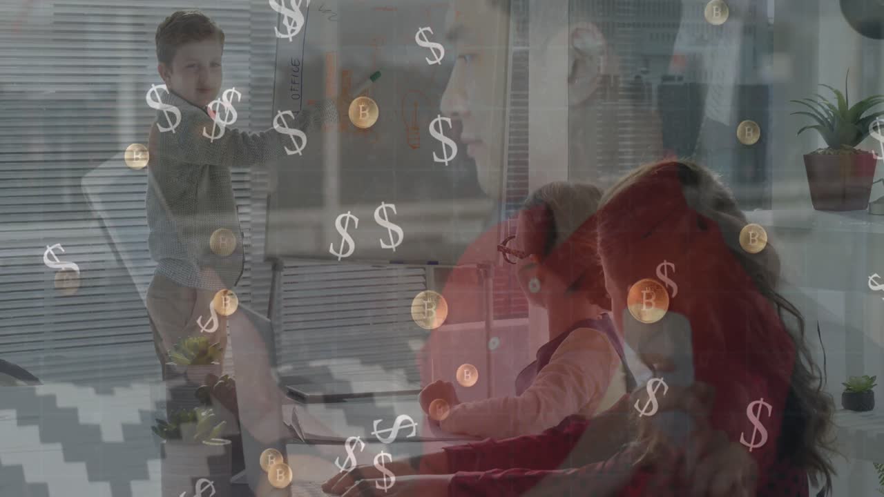 미국 달러와 비트코인의 애니메이션을 통해 하색 아이들이 학교를 놀고 있습니다.