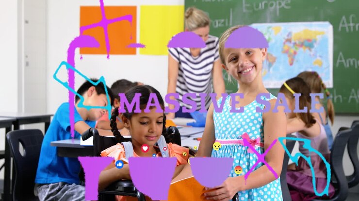 Animation of massive sale text and emoji icons over diverse schoolchildren