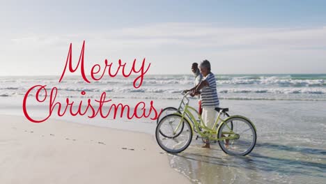 animation of merry christmas text over diverse senior couple with bikes on sunny beach